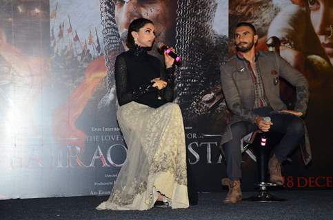 Deepika and Ranveer looking stylish and suave at the Trailer Launch of 'Bajirao Mastani'