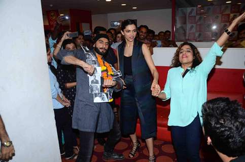 Deepika Padukone and Ranveer Singh along with Malishka during Promotes Bajirao Mastani at Red FM