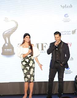 Jacqueline Fernandes and Varun Dhawan at Press Meet of Tofia in Dubai