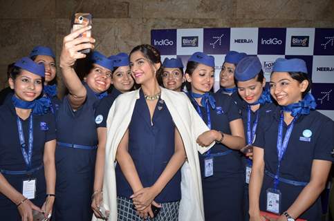 Sonam Kapoor takes a selfie with Air hostesses of Indigo Air
