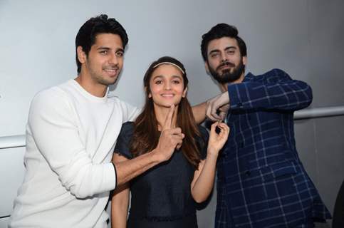 Sidharth Malhotra with Alia Bhatt and Fawad Khan for Kapoor & Sons Promotion at Mehboob Studio