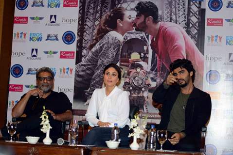 Actors Kareena Kapoor and Arjun Kapoor with director R. Balki at the Press Meet of Ki and Ka
