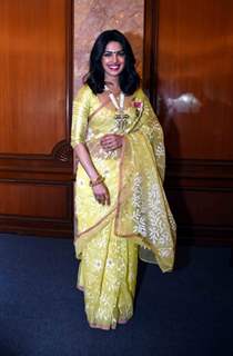 Priyanka Chopra in yellow saree at Press Meet for Receiving Padma Bhushan