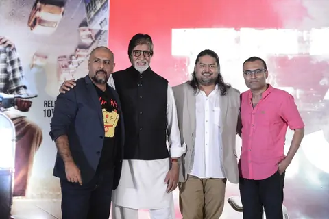 Vishal Dadlani, Amitabh Bachchan, Clinton Cerejo and Ribhu Dasgupta at Song Launch of 'TE3N'