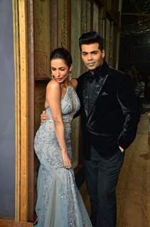 Karan Johar and Malaika Arora Khan posing at Promotion of 'Dishoom' on India's Got Talent