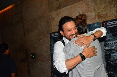 Deepika Padukone hugs Irrfan Khan at the special screening of 'Madaari'