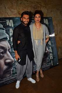 Actors Ranveer Singh and Deepika Padukone at the special screening of 'Madaari'