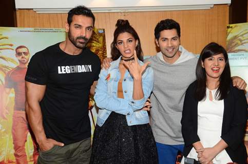 John Abraham, Jacqueline Fernandez and Varun Dhawan during Promotions of Dishoom!