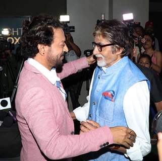 Megastar Amitabh Bachchan greets Irrfan Khan at the special screening of 'Madaari'