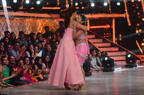 Helly Shah and Jacqueline Fernandes hugs on sets of 'Jhalak Dikhlaa Jaa'