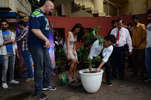 Tiger Shroff, Jacqueline Fernandes and Nathan Jones plants a small tree at Promotion of 'A Flying Ja