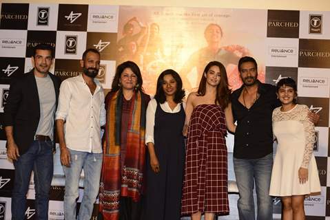 Surveen Chawla, Tannishtha Chatterjee and Ajay Devgn at Press meet of 'Parched'