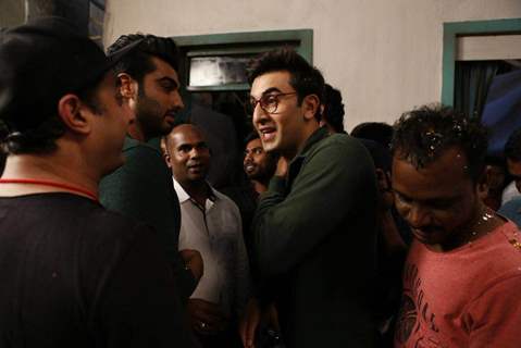 Ranbir Kapoor with Arjun Kapoor celebrates his birthday on the sets of Jagaa Jasoos