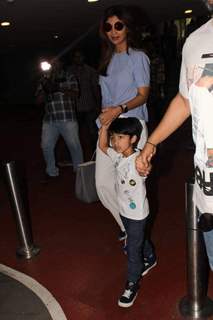 Shilpa Shetty with their son snapped at the airport