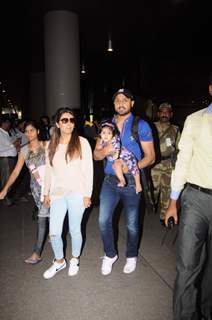 Harbhajan Singh with wife Geeta Basra and daughter snapped at airport