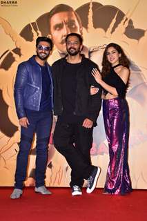 B-town celebs Ranveer-Rohit-Sara pose during Simmba movie trailer launch