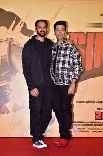 Bollywood filmmakers Rohit Shetty and Karan Johar at Simmba movie trailer launch