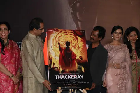 Nawazuddin Siddiqui, Amrita Rao and Uddhav Thackeray at Thackeray movie trailer launch