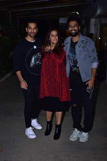 Angad Bedi and Neha Dhupia with Vicky Kaushal snapped during the screening of 'URI'