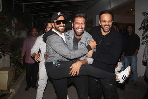 Ranveer Singh, Rohit Shetty and Vicky Kaushal snapped during the screening of 'URI'