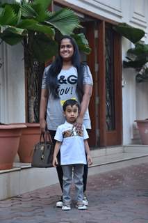 Arpita Khan Sharma with son Ahil snapped at Viaan’s birthday party.