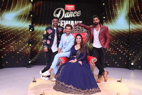 Madhuri Dixit, Shashank Khaitan, Tushar Kalia and Arjun Bijlani on the sets of Colors Dance Deewane season 2