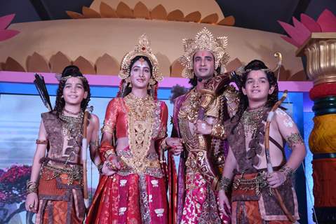 Harshit Kabra as Luv, Himanshu Soni as Lord Ram, Shivya Pathania as Sita and Krish Chauhan as Kush at the launch of COLORS' Ram Siya Ke Luv Kush at Guptar Ghat in Ayodhya