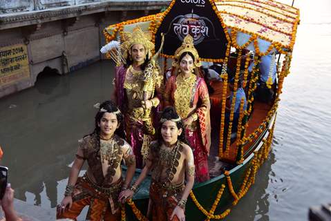 Himanshu Soni as Lord Ram, Shivya Pathania as Sita, Krish Chauhan as Kush and Harshit Kabra as Luv at the launch of COLORS' Ram Siya Ke Luv Kush at Guptar Ghat in Ayodhya