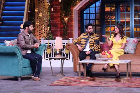 Ayushaman Khurrana and Nusrat Bharucha with Kapil Sharma on the sets of The Kapil Sharma Show