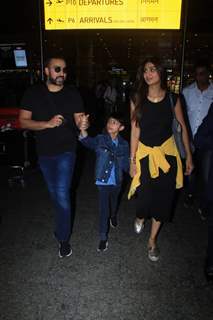 Shilpa Shetty and Raj Kundra snapped with their son at the airport