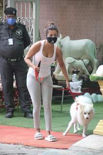 Malaika Arora steps out for a walk with her pet in Bandra
