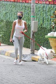 Malaika Arora steps out for a walk with her pet in Bandra