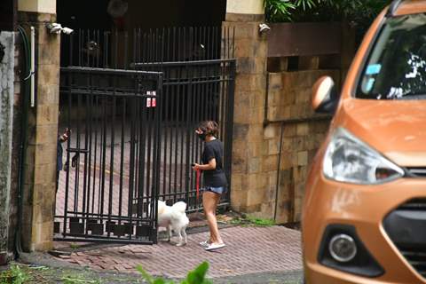 Malaika Arora snapped this morning taking her dog for a walk