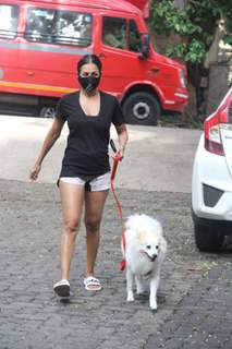 Malaika Arora steps out for a walk with her pet in Bandra