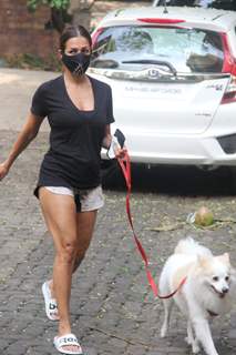 Malaika Arora steps out for a walk with her pet in Bandra