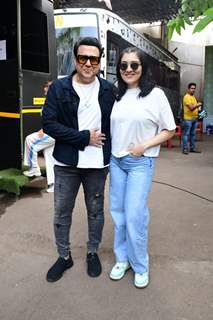 Govinda poses with Tina Ahuja outside the sets of Superstar Singer 2