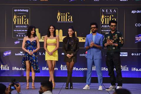 Divya Khosla Kumar, Ananya Panday, Nora Fatehi, Riteish Deshmukh, Manish Paul, poses to paparazzi at IIFA awards press conference in Abu Dhabi