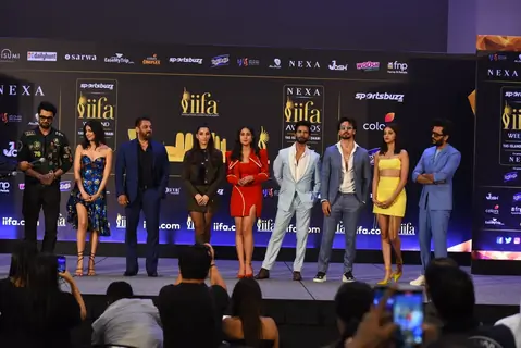 Salman Khan, Shahid Kapoor, Ananya Pandey, Riteish Deshmukh, Manish Paul, Nora Fatehi, Divya Khosla Kumar, Tiger Shroff, Sara Ali Khan poses to paparazzi at IIFA awards press conference in Abu Dhabi