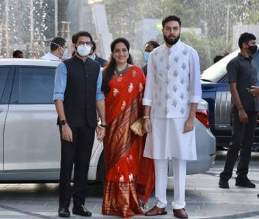Aditya Thackeray with Mother Rashmi Thackeray and Tejash Thackeray spotted at Radhika Merchant’s Arangetram Ceremony at Jio World Centre 