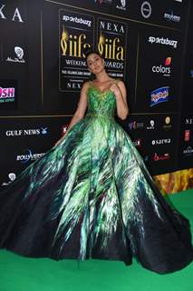 Nargis Fakhri poses to paparazzi at green carpet of IIFA awards 2022 in Abu Dhabi