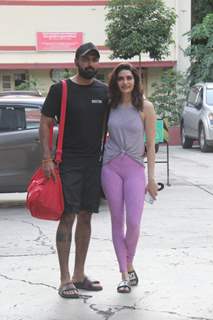 Karishma Tanna poses with husband Varun Bangera outside the gym at Bandra