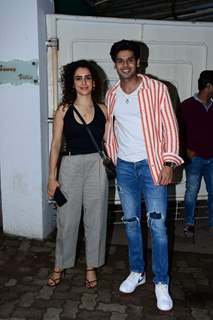 Sanya Malhotra poses with Abhimanyu Dassani at the screeing of Nikamma