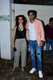 Sanya Malhotra poses with Abhimanyu Dassani at the screeing of Nikamma
