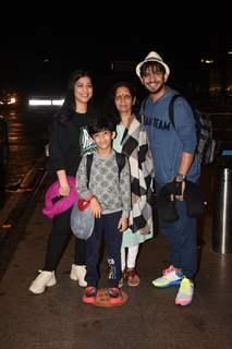 Arjun Bijlani poses with wife Neha Swami son Ayaan Bijlani mother Shakti Bijlani snapped at the Mumbai airport 