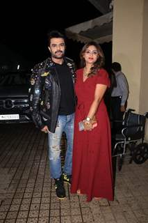 Maniesh Paul poses with wife Sanyukta Paul clicked at the screening of JugJugg Jeeyo