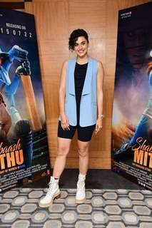 Taapsee Pannu snapped promoting her upcoming film Shabaash Mithu in the city