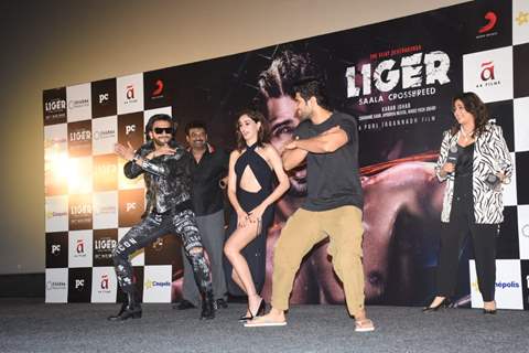 Vijay Deverakonda, Ananya Panday and Ranveer Singh snapped at the Liger trailer launch in Andheri