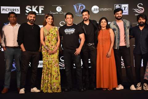 Salman Khan, Kiccha Sudeep, Jacqueline Fernandez, Priya Sudeep, Nirup Bhandari, Neetha Ashok, Anup Bhandari, attends the press conference of the film Vikrant Rona