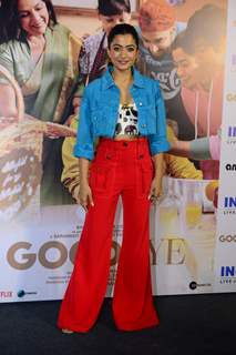 Rashmika Mandanna promotes her film Goodbye in a cropped denim jacket, printed bralette and red trousers