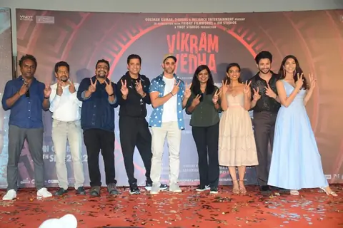 Pushkar, Ganesh Hegde, Hrithik Roshan, Gayathri, Radhika Apte, Rohit Saraf, Yogita Bihani attend the song launch of ‘Alcoholia’ from their film Vikram Vedha